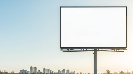 Obraz premium Billboard in Sky: A large blank billboard stands tall against a clear sky, offering ample space for advertising, marketing, and messaging. The city skyline is visible in the distance.