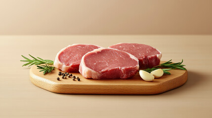 Fototapeta premium Prime Cuts on Wooden Board: Three fresh, raw meat cuts arranged on a wooden board, accompanied by sprigs of rosemary, garlic cloves, and peppercorns, ready for culinary creation.