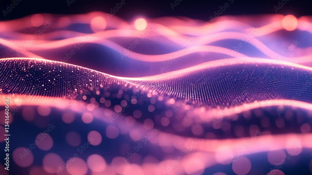 Poster abstract digital waves of red and blue particles with bokeh effect on black background