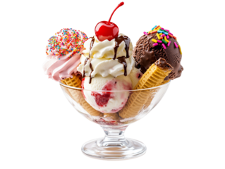 Ice cream sundae with glass bowl, vanilla and chocolate scoops, whipped cream, cherry on top, wafer sticks, colorful sprinkles ,PNG file isolated on transparent background ,cut out, clipping path, 