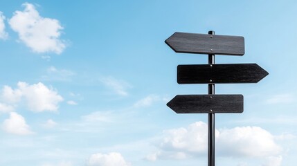 Signpost to Choices: A minimalist wooden signpost, offering three directional choices against a bright sky dotted with fluffy clouds.