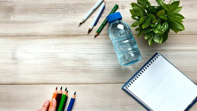 A creative flat lay of colorful school supplies, including notebooks, pens, and pencils, with a light wooden background.