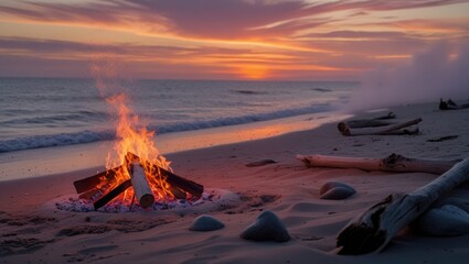 A beach bonfire at sunset with waves and misty dunes.