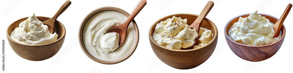 Poster a wooden spoon rests in a bowl of yogurt, which is isolated on a transparent background and generate