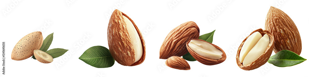 Poster Isolated on a transparent background are almonds and a leaf, a creation of Generative Ai