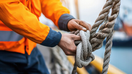 hands tying down cargo with heavy-duty straps, reflective vest visible
