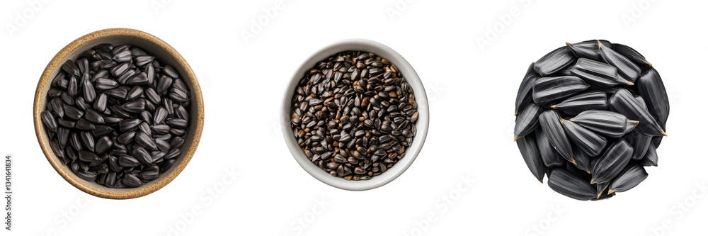 Poster Black sunflower seeds in a white bowl are isolated against a transparent background using Generative Ai technology