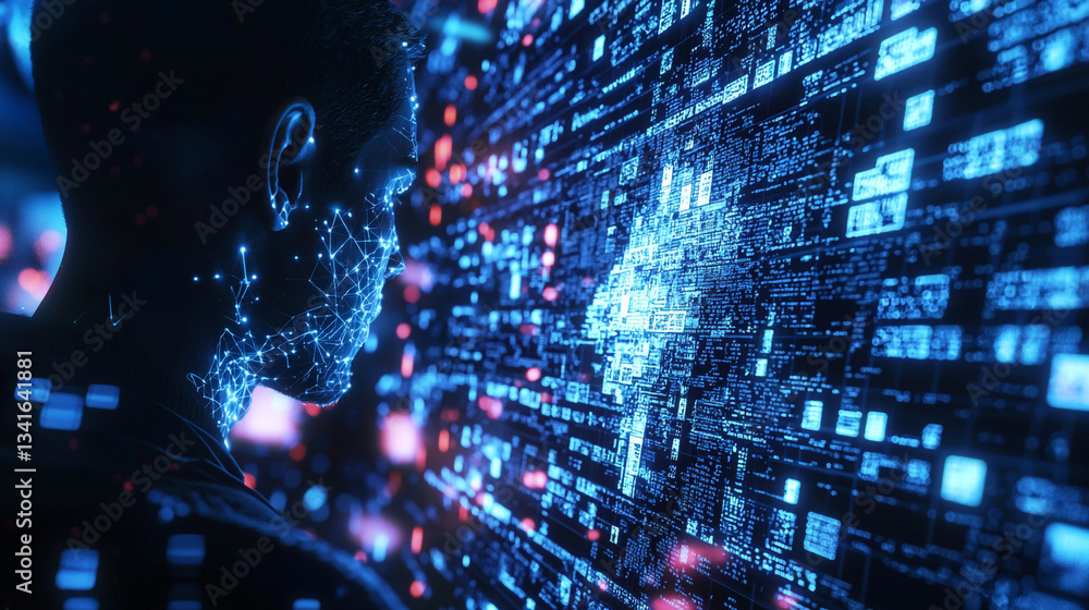 Poster man with digital face looking at a wall of blue computer code and glowing red dots in the dark
