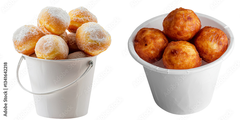 Poster a crispy cheese ball, served in a white paper bucket and isolated on a transparent background, is an