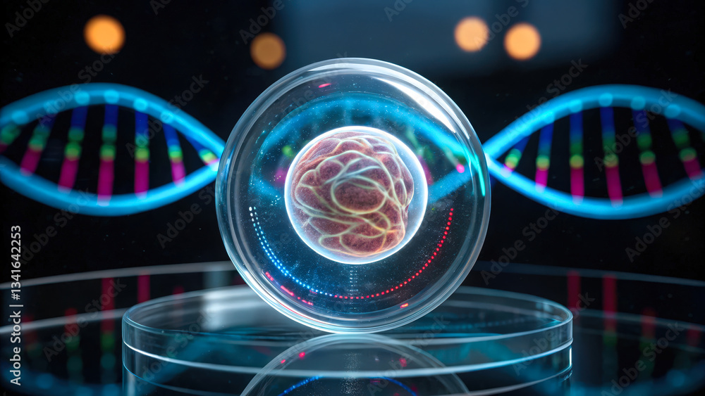 Poster 3d representation of dna and a cell in a scientific context with colorful visuals.