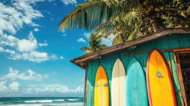 A bright beach shack with colorful surfboards against a blue sky.
