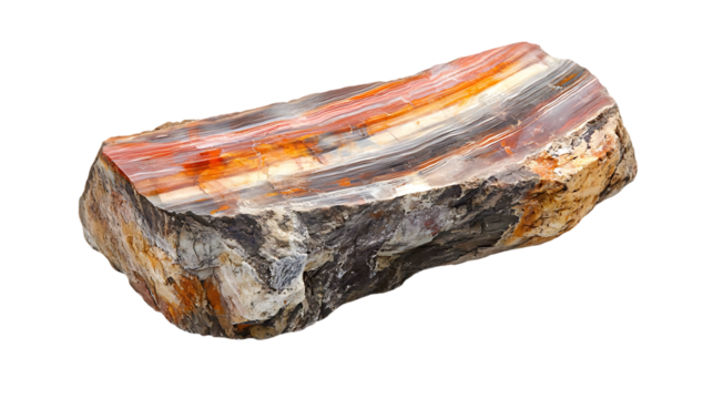 A colorful petrified wood sample showcases geological formations beautifully