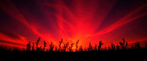 Fototapeta premium Crimson cosmos silhouetted against fiery sunset sky, texture, blossom