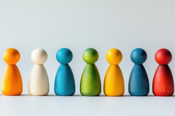 Colorful Wooden Figures Standing in a Line on a Light Background for Creative Conceptual Use
