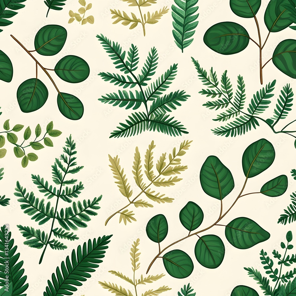 Poster a repeating pattern of illustrated botanical ferns and tropical vines with a vintage etching style.