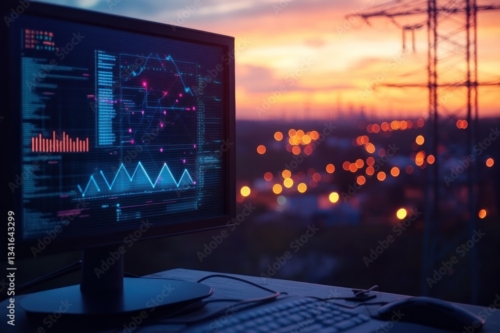 Poster computer screen displaying data analysis against a scenic sunset over city power lines