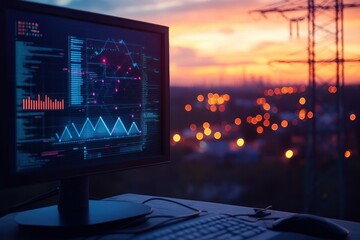Computer Screen Displaying Data Analysis Against a Scenic Sunset Over City Power Lines