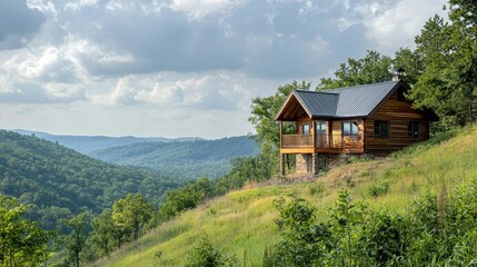 Obraz premium A cabin perched on a hillside with a panoramic mountain view