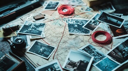 Vintage travel memories scattered across an old map, revealing black and white photographs, red twine, and nostalgic exploration of past journeys and hidden stories