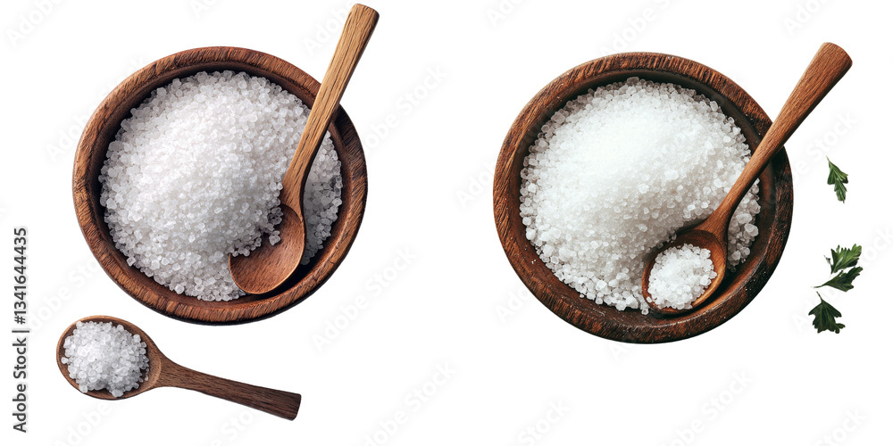 Poster sea salt in a wooden bowl, paired with a spoon, is isolated on a transparent background in this gene