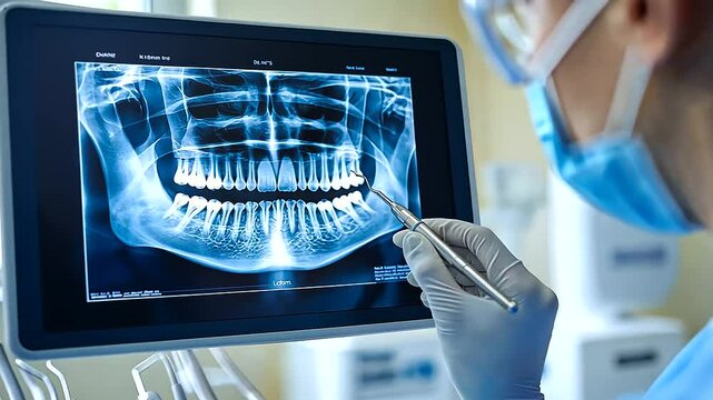 A dentist using an X-ray machine to take detailed images of a patient's teeth, with a digital display showing the results.