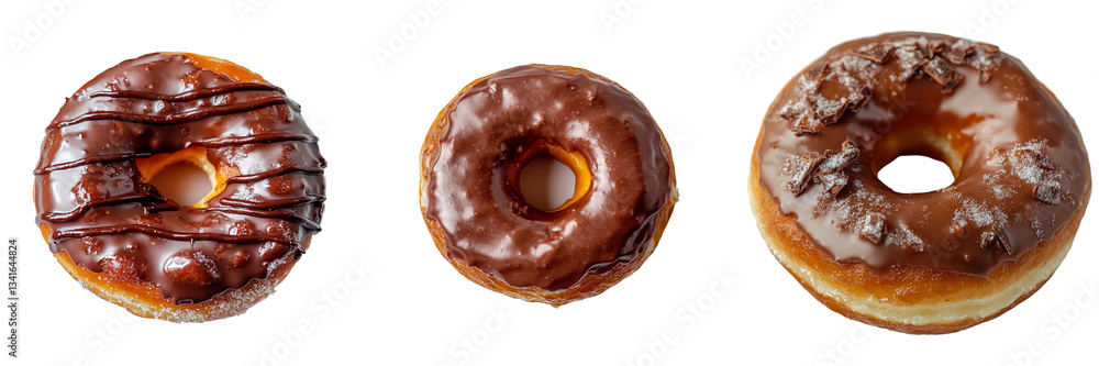 Poster generative ai was used to create sweet chocolate iced glazed donuts that are isolated on a transpare