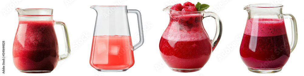 Poster on a transparent background, a glass pitcher that doubles as a jug is shown filled with red juice, a