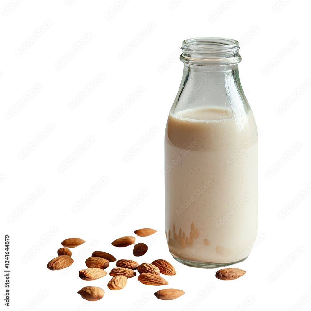 Poster almond milk contained in a glass bottle alongside almond kernels set against a transparent backdrop,