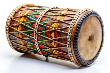 Traditional Ethnic Drum with Intricate Carvings and Cultural Patterns, Isolated on White Background