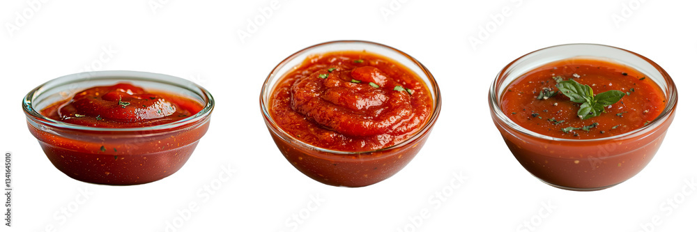 Aufkleber tomato ketchup in a glass bowl is depicted in isolation on a transparent background, generated using