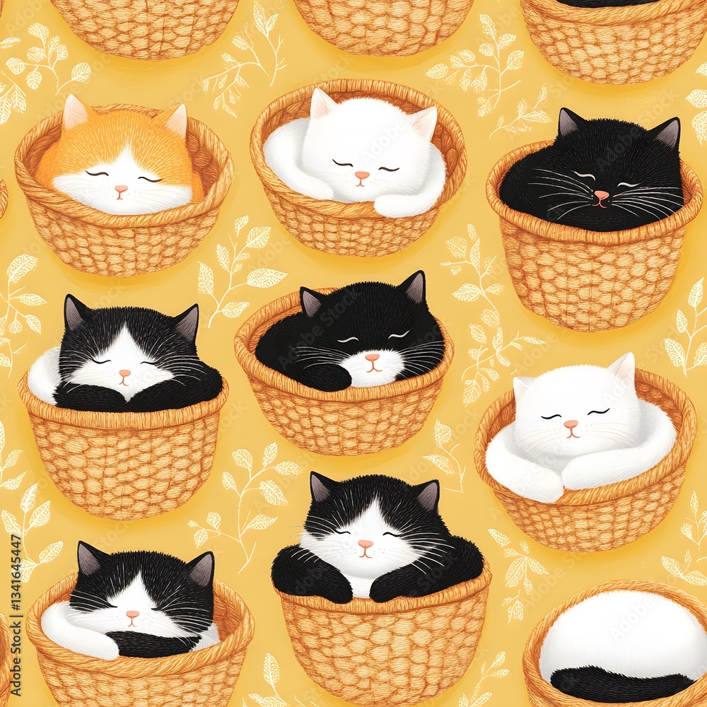 Poster a repeating pattern of cute sleepy kittens curled up in tiny baskets and blankets.