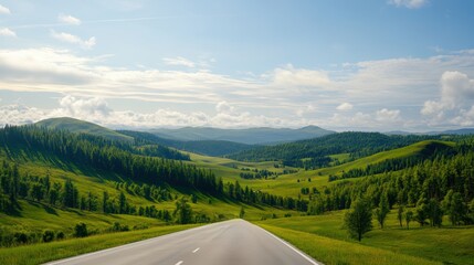 Fototapeta premium A Serene Paved Road Meanders Through a Lush Verdant Valley Surrounded by Rolling Green Hills and Dark Evergreen Trees Beneath a Partly Cloudy Sky