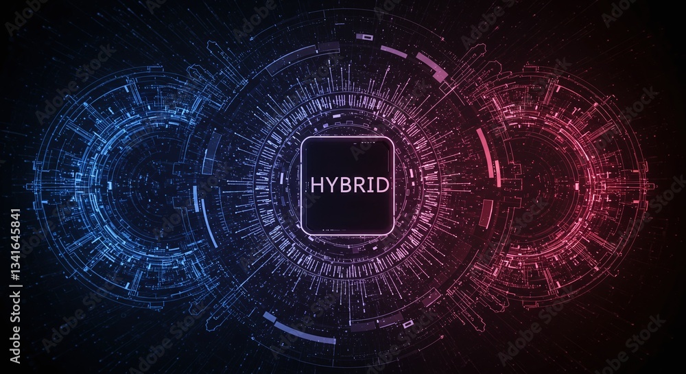 Poster hybrid cloud technology: an intricate digital illustration showcasing the convergence of cloud compu