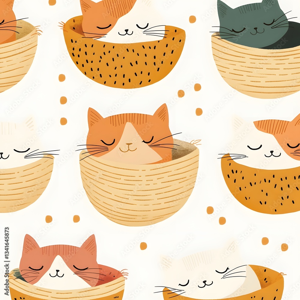 Poster a repeating pattern of cute sleepy kittens curled up in tiny baskets and blankets.