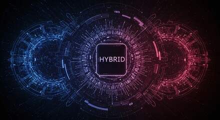 Hybrid Cloud Technology: An intricate digital illustration showcasing the convergence of cloud computing with "hybrid" text at the center. The image suggests secure digital transformation