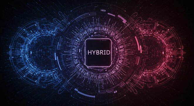 Hybrid Cloud Technology: An intricate digital illustration showcasing the convergence of cloud computing with "hybrid" text at the center. The image suggests secure digital transformation