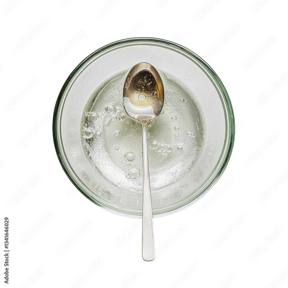 Poster generative ai has produced an image of oil in a glass bowl with a spoon, set against a transparent b