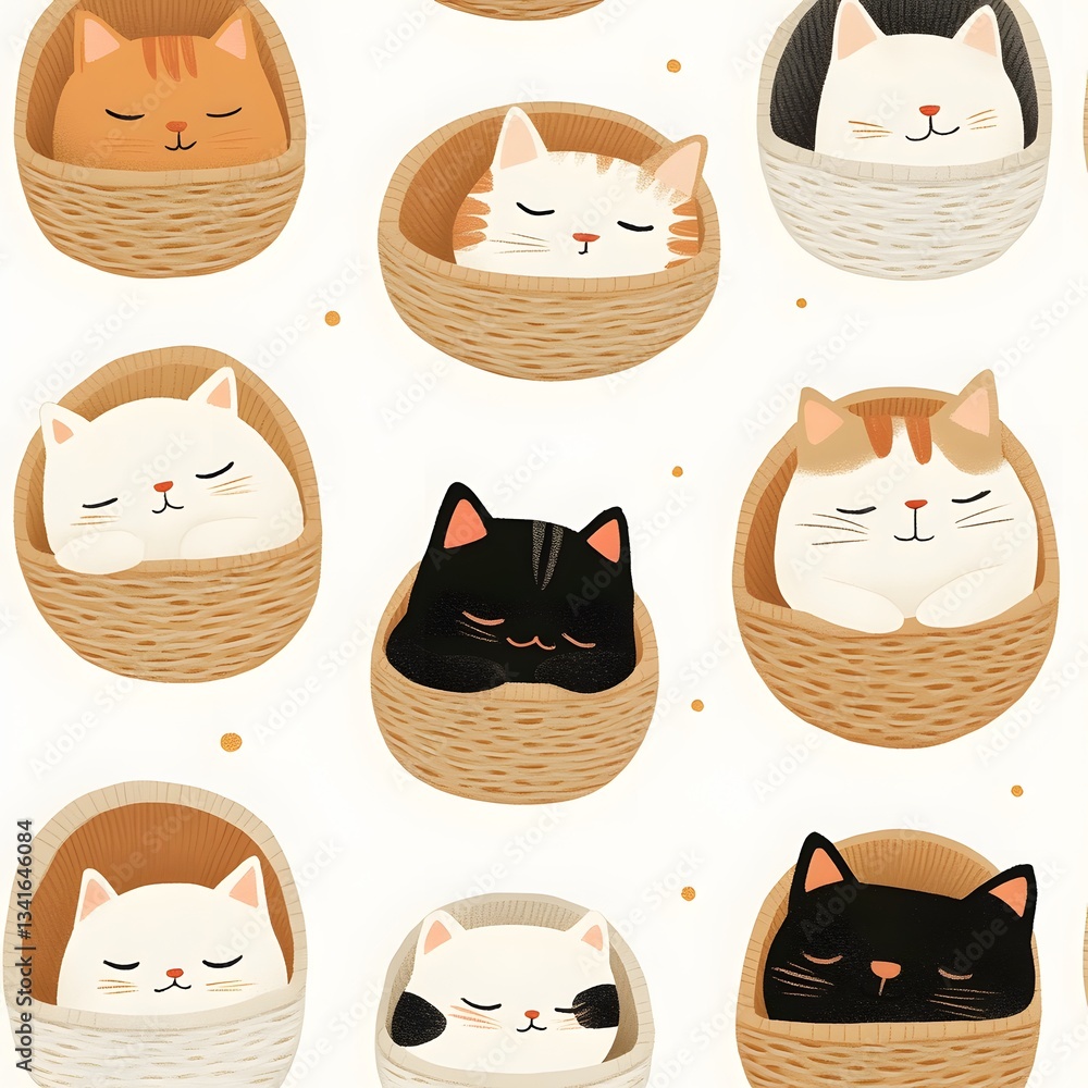 Poster a repeating pattern of cute sleepy kittens curled up in tiny baskets and blankets.