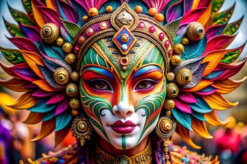 Vibrant Festival Mask with Intricate Patterns and Bold Colors, Perfect for Cultural Celebrations and Themed Events