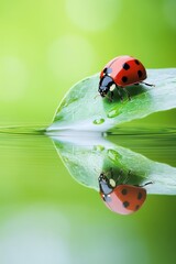 Fototapeta premium vibrant ladybug perched on a green leaf above a calm water surface reflecting nature's beauty