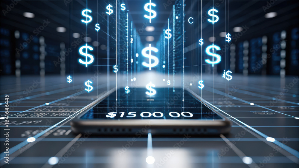 Poster digital currency flow depicted through a smartphone with dollar symbols emerging in a futuristic env