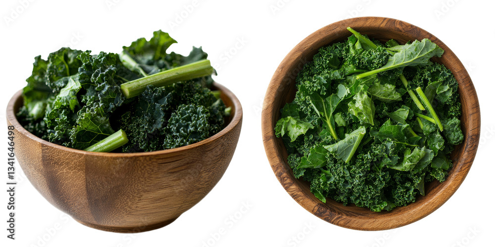 Aufkleber kale is placed in a wooden bowl and isolated on a transparent background with the help of generative