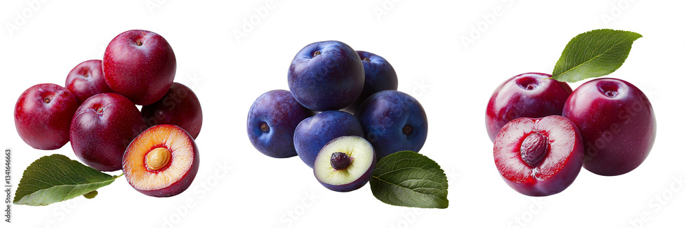 Poster Generative Ai has created an image of Red Cherry Plum fruits, sliced and with a green leaf, all isolated on a transparent background