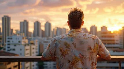 man in a shirt, with his back turned, on a balcony, on a high floor, looking at the skyline of the city
