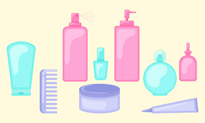 Set of jars for cosmetics and skin care. Perfume, comb, serum, eye cream, toner, face cream, hands and nail polish. Vector flat illustration on light background