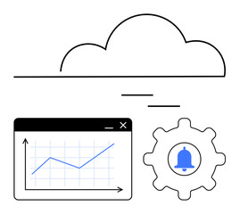 Cloud with browser window displaying line graph and gear with notification bell represents data storage, performance reports, notifications, optimization, teamwork, productivity, innovation. Flat