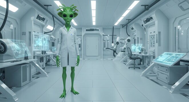 Alien Scientist Standing in Futuristic Laboratory with Modern Technology
