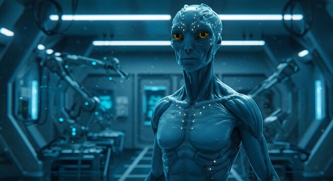 Alien Standing in Futuristic Science Lab with Blue Tones and Glowing Details