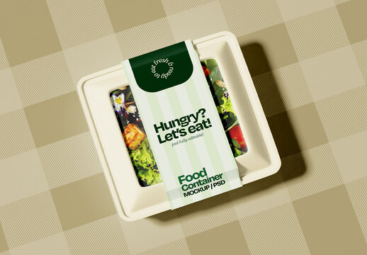 Food Container Mockup with Packaging Sleeve on Checkered Background