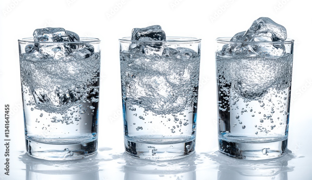 Aufkleber three clear glasses with ice cubes and bubbly water on white background in studio lighting creating 